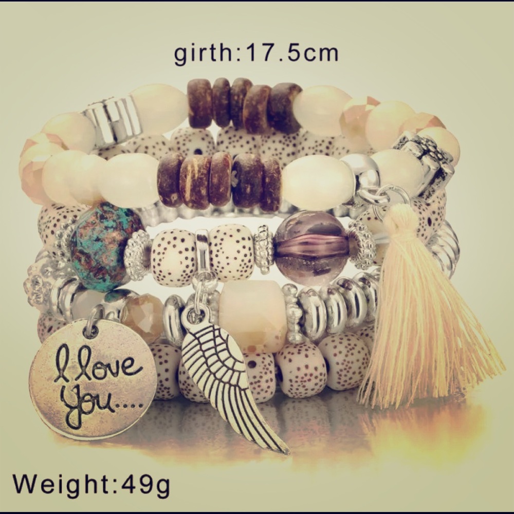 SET/ 4 Chic Beaded Boho Hippie Bracelets Cream